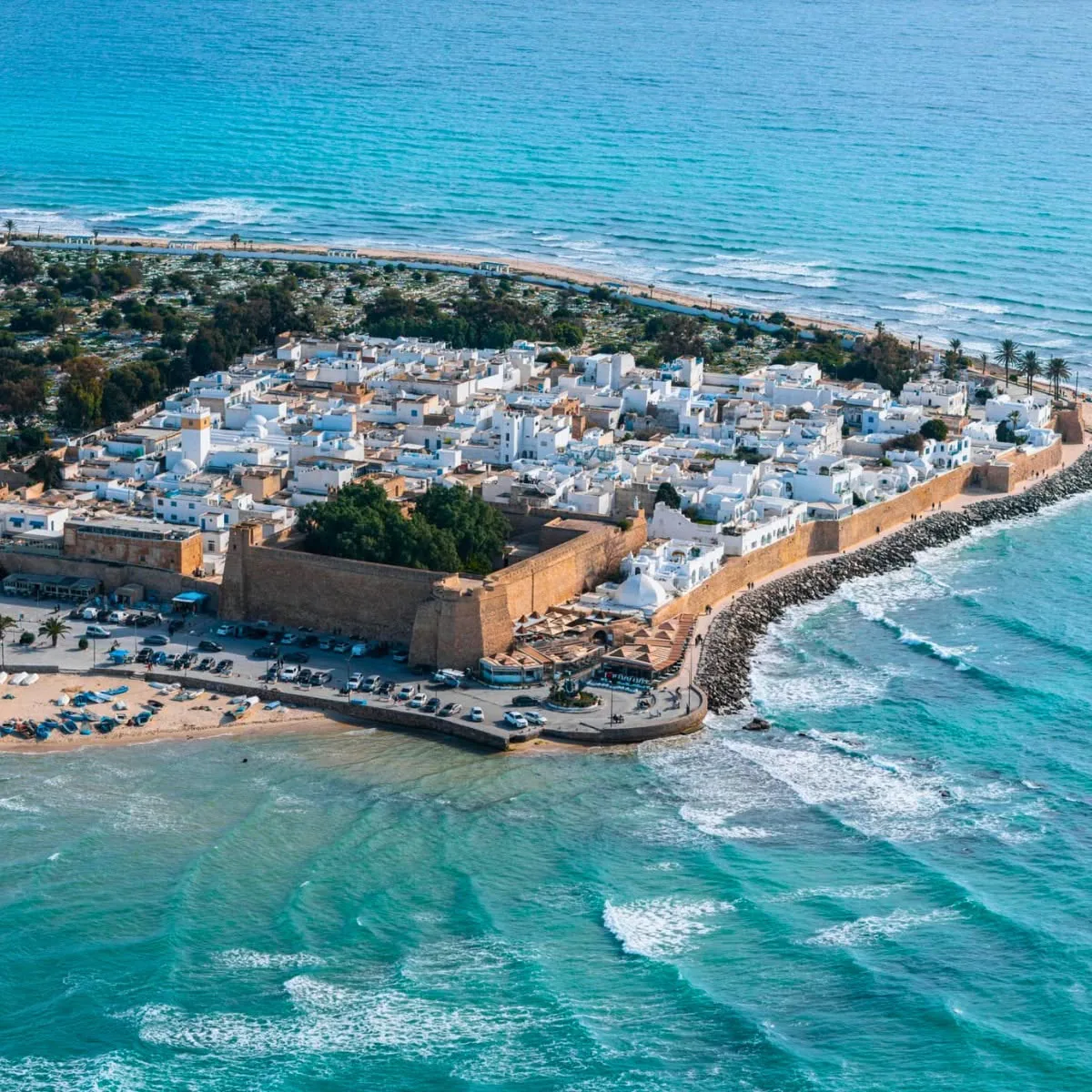 Aerial view of the Hammamet medina and coastline